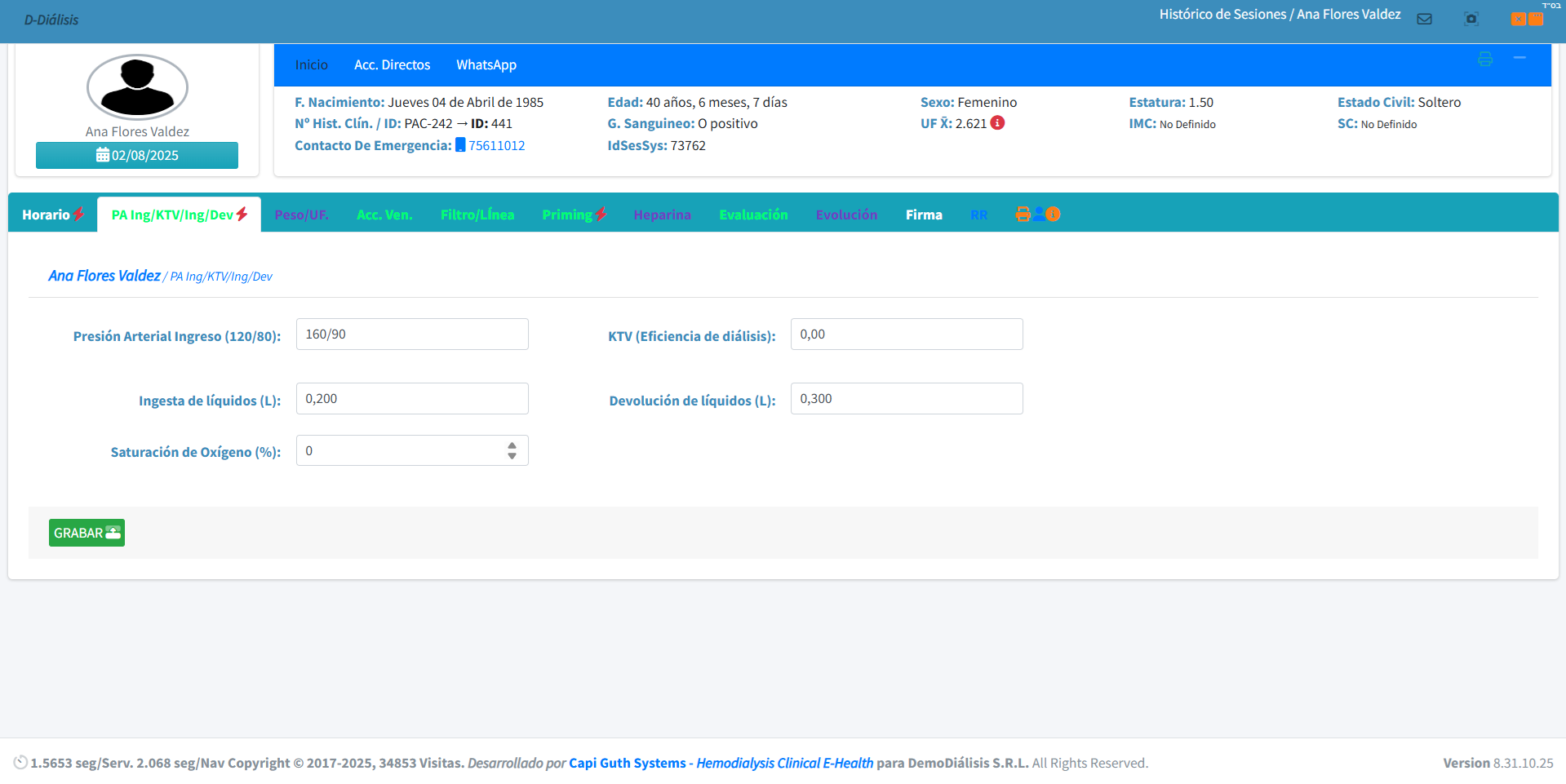 Presión Arterial / KTV / Ingreso / Devolución